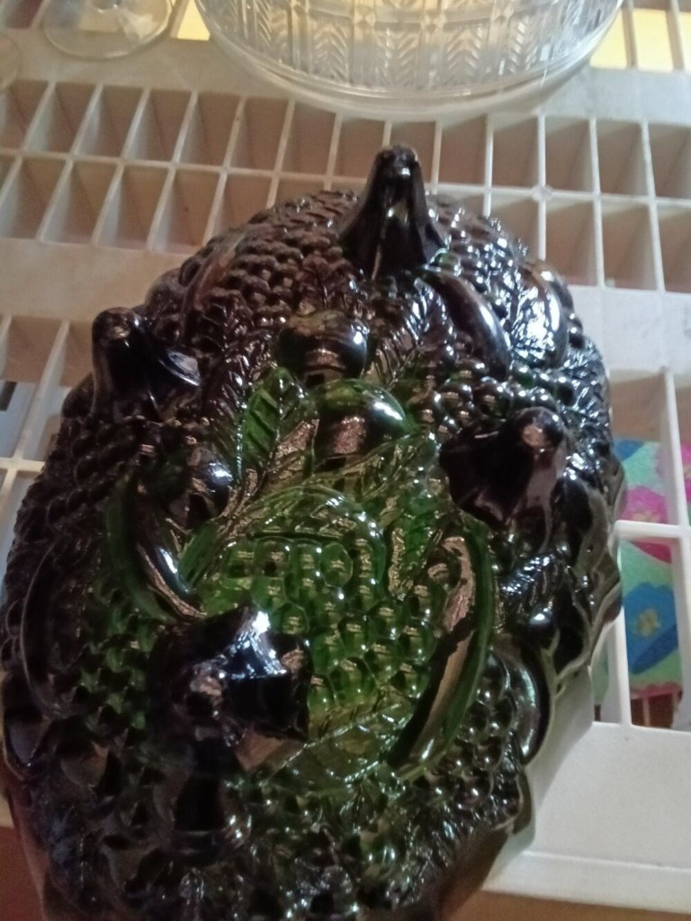 Vintage Green Glass Fruit Bowl with Embossed Design